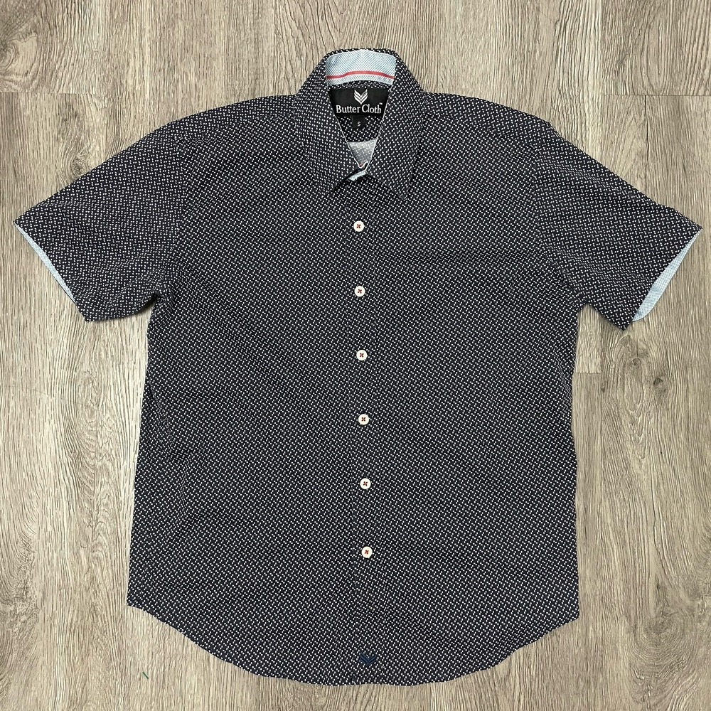 Butter Cloth Shirt Men's Small Blue Geometric Slim Fit Button Up Short Sleeve